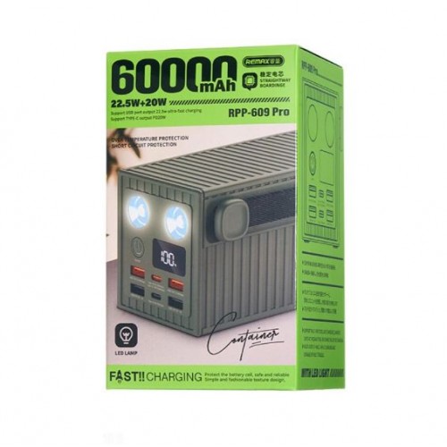 Павербанк Remax RPP-609 Pro Container Series 60000mAh PD20W+QC22.5W Grey (з ліхтарем)