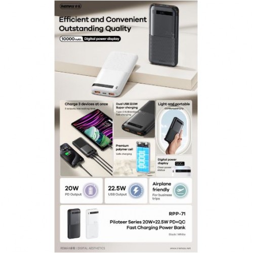 Павербанк Remax RPP-71 Piloteer Series 10000mAh PD20W+QC22.5W Black – Power Bank з дисплеєм