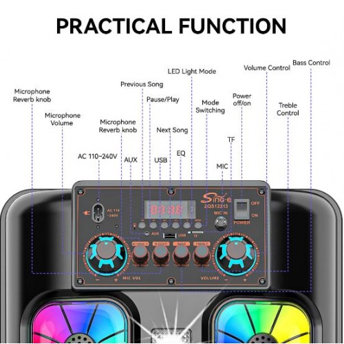 Портативна акумуляторна Bluetooth колонка Sing-E ZQS12213, 80 Вт, 2×12", висота 94 см, з мікрофоном
