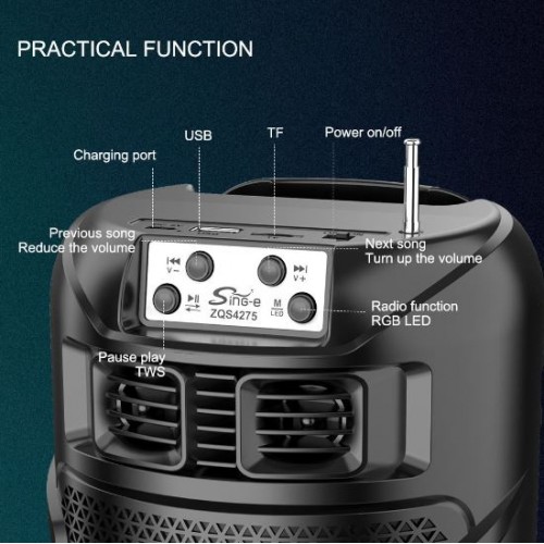 Портативна акумуляторна Bluetooth колонка із сонячною панеллю Sing-E ZQS4275, 16 Вт, 2х4", висота 33 см
