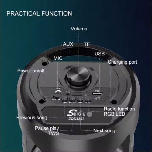Портативна акумуляторна Bluetooth колонка Sing-E ZQS4303, 15 Вт, 3×4", висота 40 см, з 1 мікрофоном