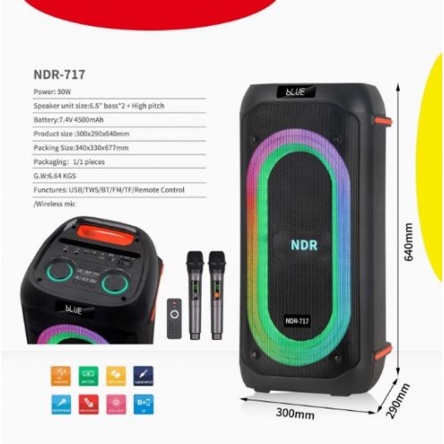 Портативна акумуляторна Bluetooth колонка Sing-E NDR-717, 50 Вт, 2×6.5", висота 64 см, з 2 мікрофонами
