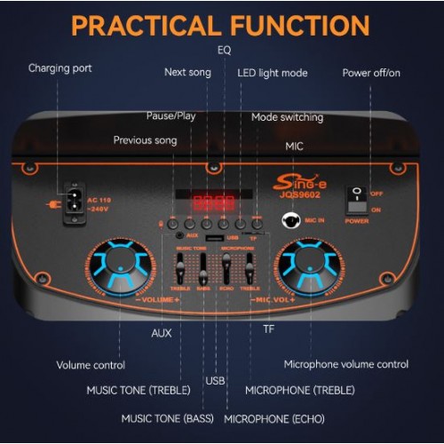 Портативна акумуляторна Bluetooth колонка Sing-E JQS9602, 60 Вт, 2×6.5", висота 100 см, з 2 мікрофонами