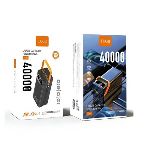 Павербанк TUGII-Y104 40000mAh 22.5W Black з швидкою зарядкою, ліхтарем та вбудованими кабелями 