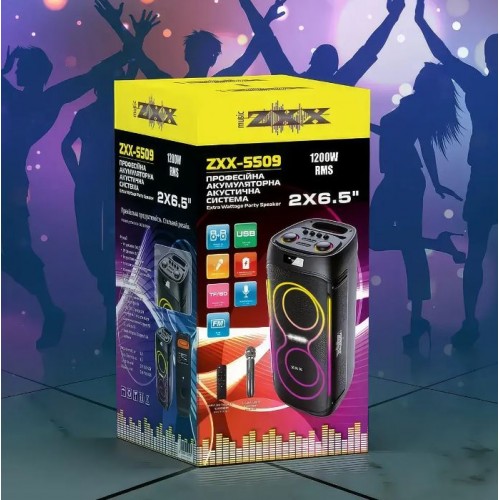 Портативна акумуляторна Bluetooth колонка ZXX-5509, 120 Вт, 2×6.5", висота 62 см, з 1 мікрофоном