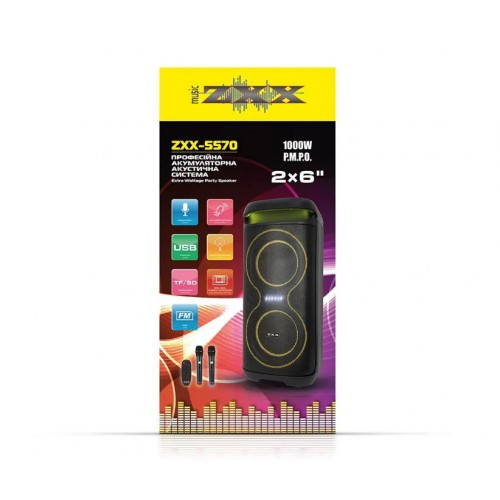 Портативна акумуляторна Bluetooth колонка ZXX-5570, 100 Вт, 2×6", висота 60 см, з 2 мікрофонами