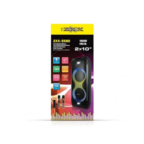 Портативна акумуляторна Bluetooth колонка ZXX-5580, 100 Вт, 2×10", висота 86 см, з 2 мікрофонами