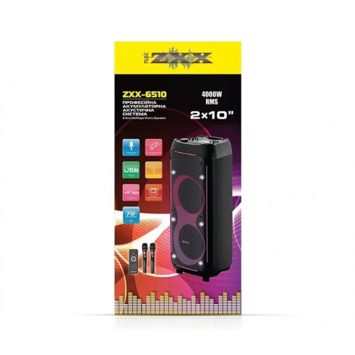 Портативна акумуляторна Bluetooth колонка ZXX-6510, 400 Вт, 2×10", висота 82 см, з 2 мікрофонами