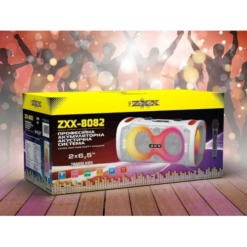 Портативна акумуляторна Bluetooth колонка ZXX-8082, 200 Вт, 2×6.5", висота 25 см, з 1 мікрофоном