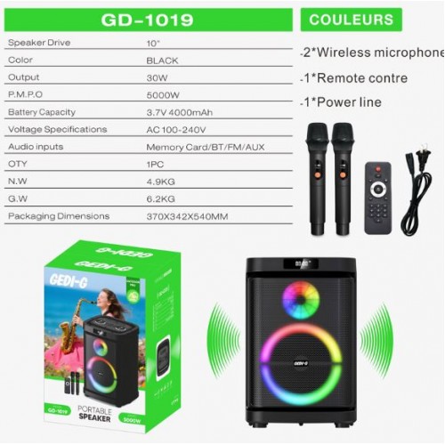 Портативна акумуляторна Bluetooth колонка Gedi-G GD-1019, 30 Вт, 1×10", висота 49 см, з 2 мікрофонами