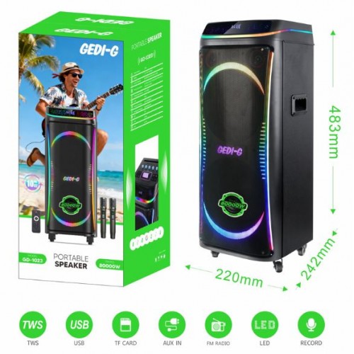 Портативна акумуляторна Bluetooth колонка Gedi-G GD-1023, 80 Вт, 2×10", висота 49 см, з 2 мікрофонами