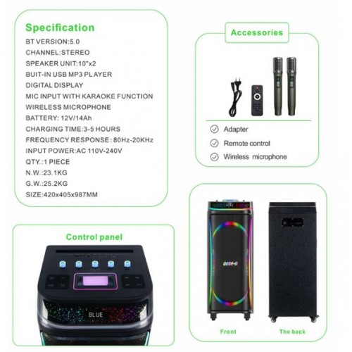 Портативна акумуляторна Bluetooth колонка Gedi-G GD-1023, 80 Вт, 2×10", висота 49 см, з 2 мікрофонами
