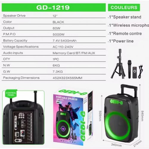 Портативна акумуляторна Bluetooth колонка Gedi-G GD-1219, 60 Вт, 1×12", висота 51 см, з 1 мікрофоном