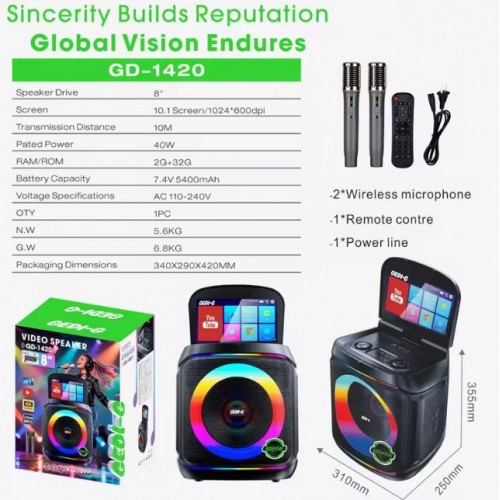 Портативна акумуляторна Bluetooth колонка Gedi-G GD-1420, 40 Вт, 1х8", висота 36 см, з Android планшетом і 2 мікрофонами