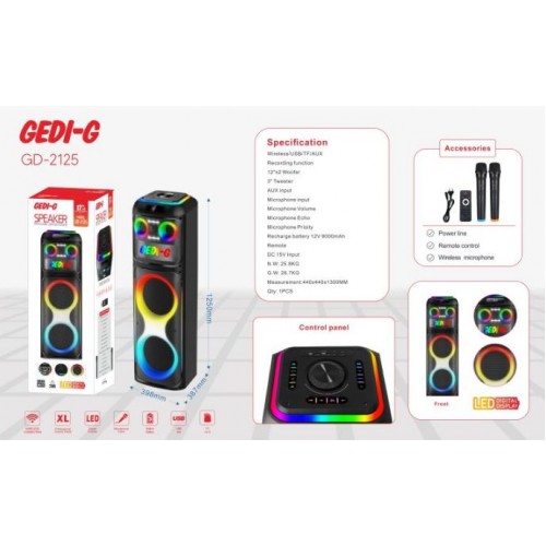 Портативна акумуляторна Bluetooth колонка Gedi-G GD-2125, 200 Вт, 2×12", висота 125 см, з 2 мікрофонами