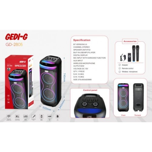 Портативна акумуляторна Bluetooth колонка Gedi-G GD-2805, 60 Вт, 2×8", висота 82.5 см, з 2 мікрофонами