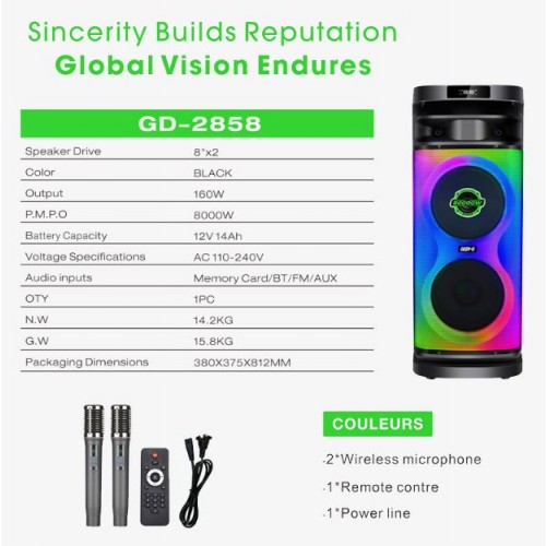 Портативна акумуляторна Bluetooth колонка Gedi-G GD-2858, 160 Вт, 2×8", висота 81 см, з 2 мікрофонами