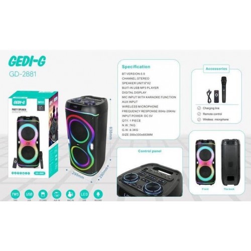 Портативна акумуляторна Bluetooth колонка Gedi-G GD-2881, 50 Вт, 2×8", висота 69 см, з 1 мікрофоном