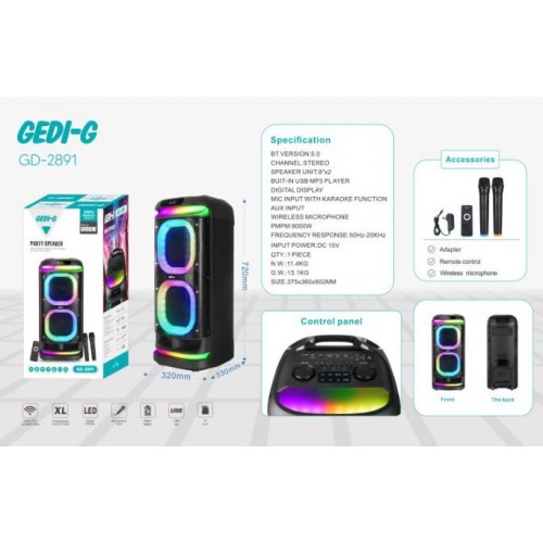 Портативна акумуляторна Bluetooth колонка Gedi-G GD-2891, 100 Вт, 2×8", висота 72 см, з 2 мікрофонами