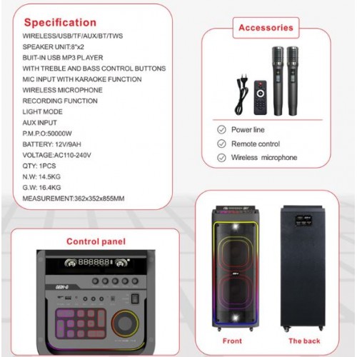 Портативна акумуляторна Bluetooth колонка Gedi-G GD-2898, 100 Вт, 2×8", висота 76 см, з 2 мікрофонами