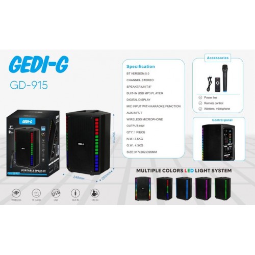 Портативна акумуляторна Bluetooth колонка Gedi-G GD-915, 40 Вт, 1×8", висота 36 см, з 1 мікрофоном
