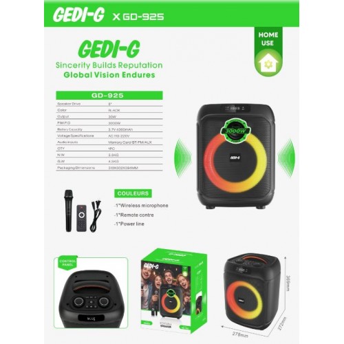 Портативна акумуляторна Bluetooth колонка Gedi-G GD-925, 30 Вт, 1×8", висота 40 см, з 1 мікрофоном