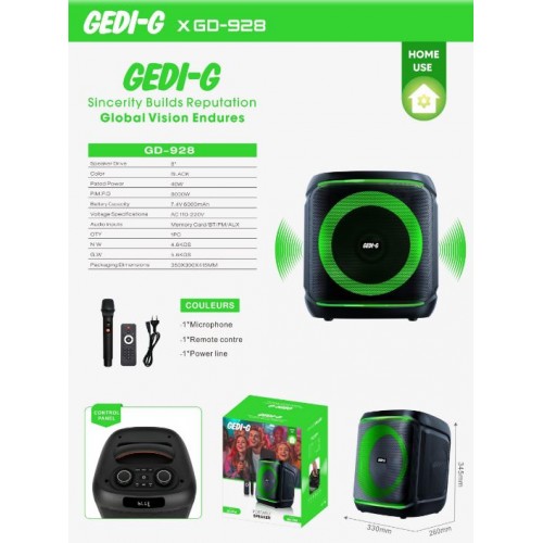 Портативна акумуляторна Bluetooth колонка Gedi-G GD-928, 40 Вт, 1×8", висота 42 см, з 1 мікрофоном