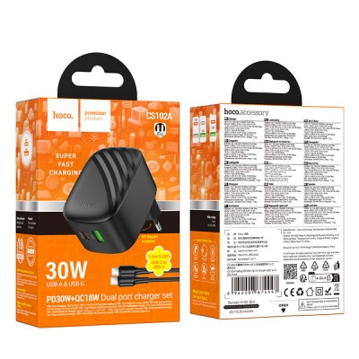 Мережевий зарядний пристрій Hoco CS102A folding PD30W+QC3.0 Type-C to Type-C